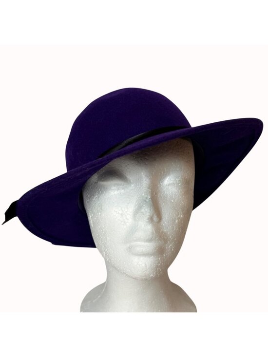 Vintage Purple Felt Wide Brim Hat Wool Head Hugger USA Black Ribbon Church main image 11